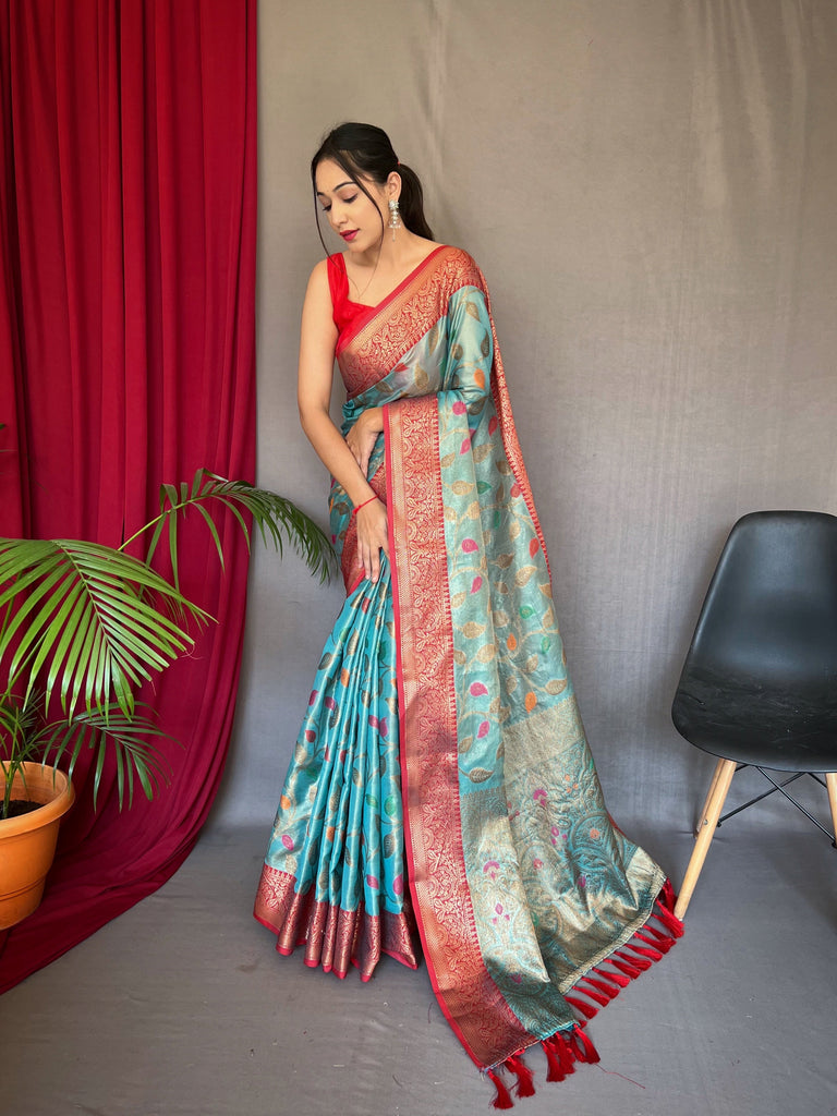 Kanjeevaram Tissue Silk Sitara Jaal Meenakari Woven Saree Cyan Blue Clothsvilla