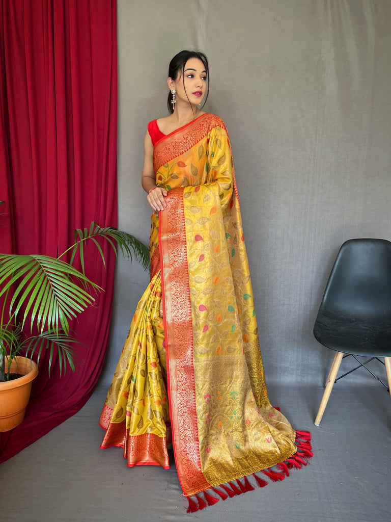 Kanjeevaram Tissue Silk Sitara Jaal Meenakari Woven Saree Orange Gold Clothsvilla