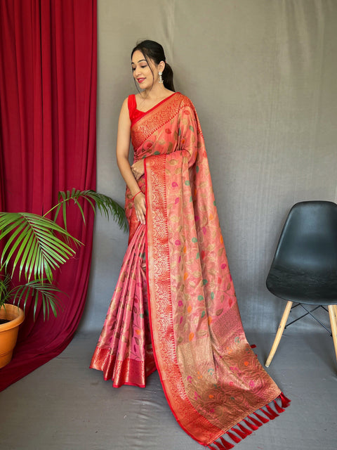 Kanjeevaram Tissue Silk Sitara Jaal Meenakari Woven Saree Watermelon Pink Clothsvilla Main image