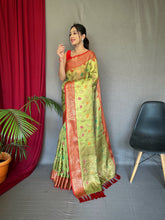 Load image into Gallery viewer, Kanjeevaram Tissue Silk Sitara Jaal Meenakari Woven Saree Green Clothsvilla