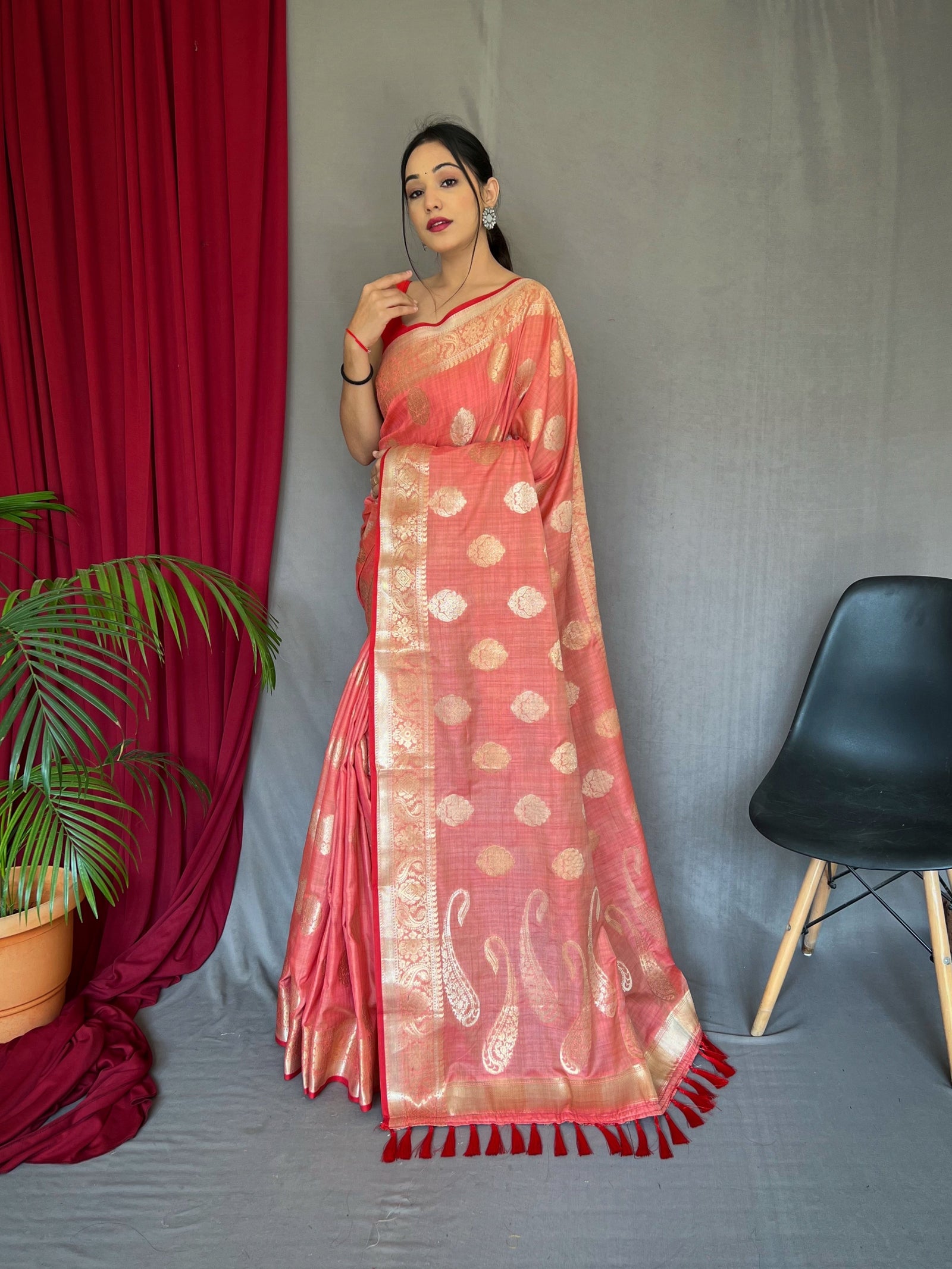 Kanika Cotton Silk Woven Saree Coral Pink Clothsvilla
