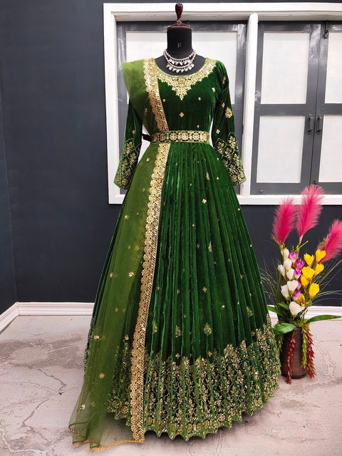 Adorable Mehndi Color Sequence Work Velvet Gown Clothsvilla Main image