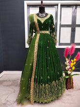Load image into Gallery viewer, Adorable Mehndi Color Sequence Work Velvet Gown Clothsvilla