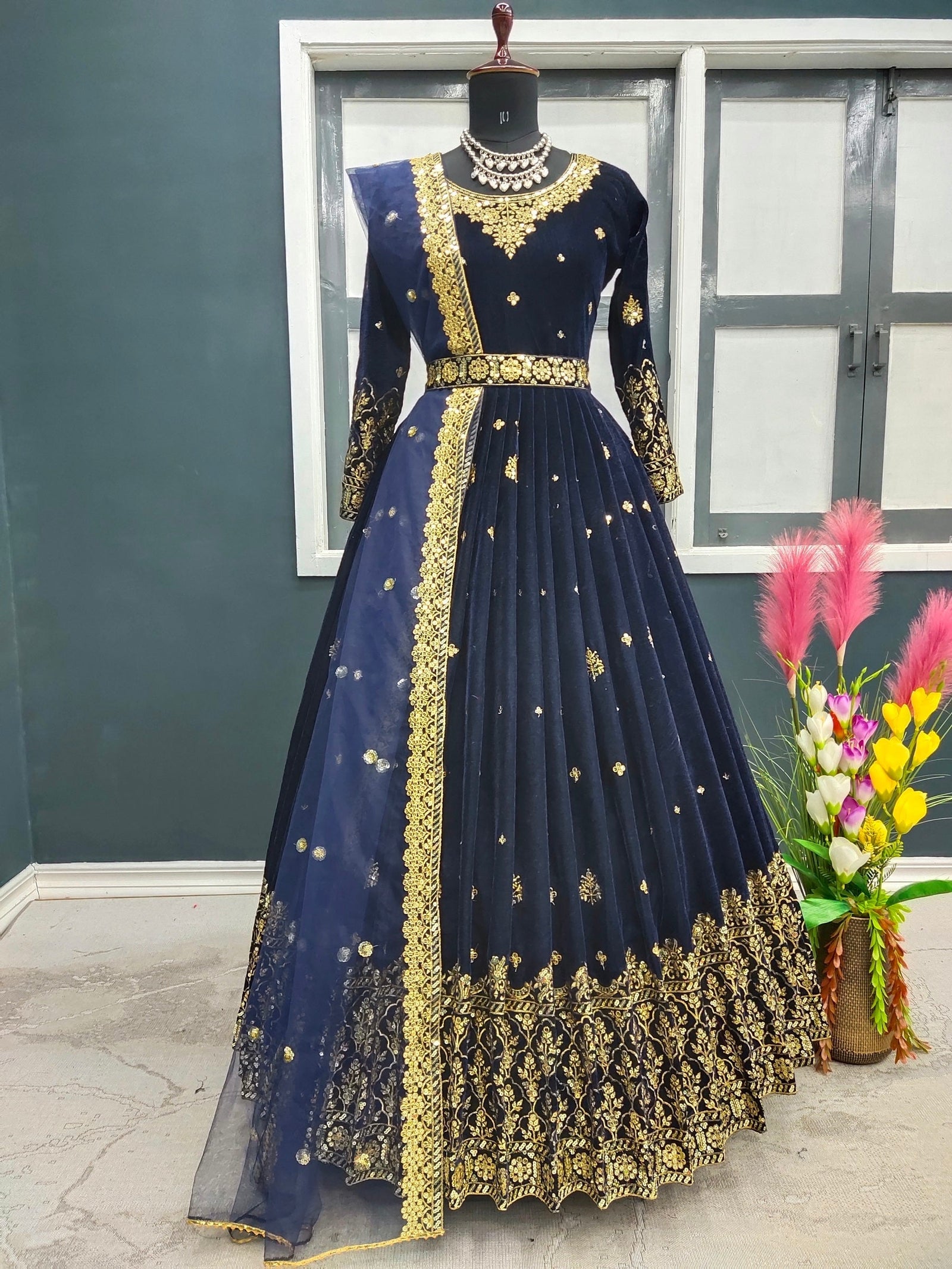 Adorable Navy Blue Color Sequence Work Velvet Gown Clothsvilla