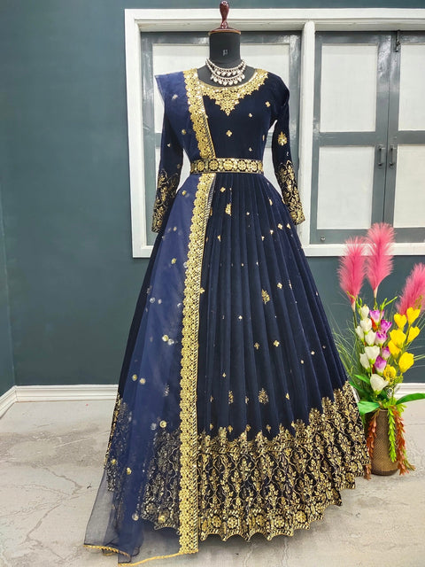 Adorable Navy Blue Color Sequence Work Velvet Gown Clothsvilla Main image