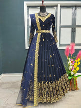 Load image into Gallery viewer, Adorable Navy Blue Color Sequence Work Velvet Gown Clothsvilla