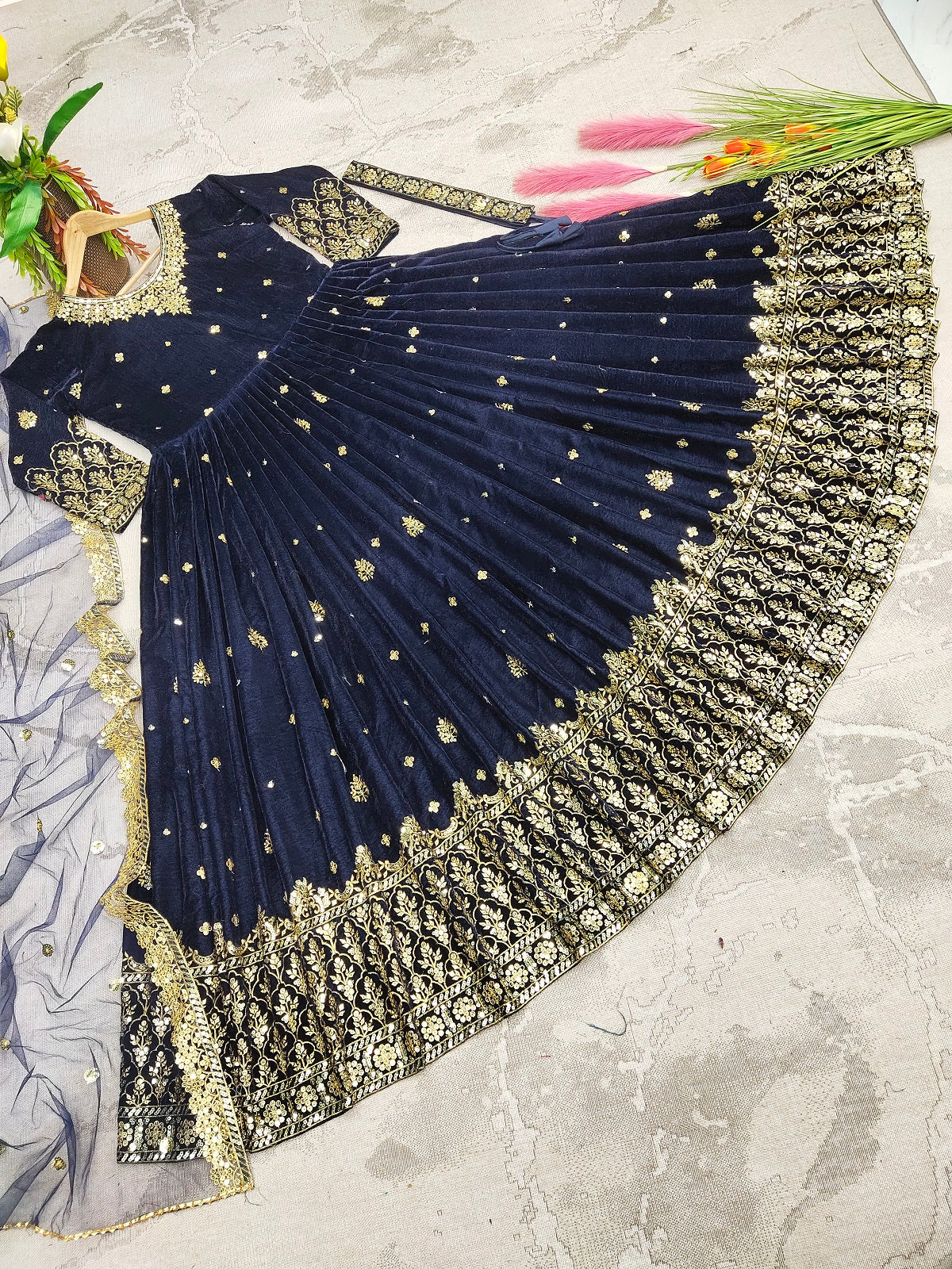 Adorable Navy Blue Color Sequence Work Velvet Gown Clothsvilla