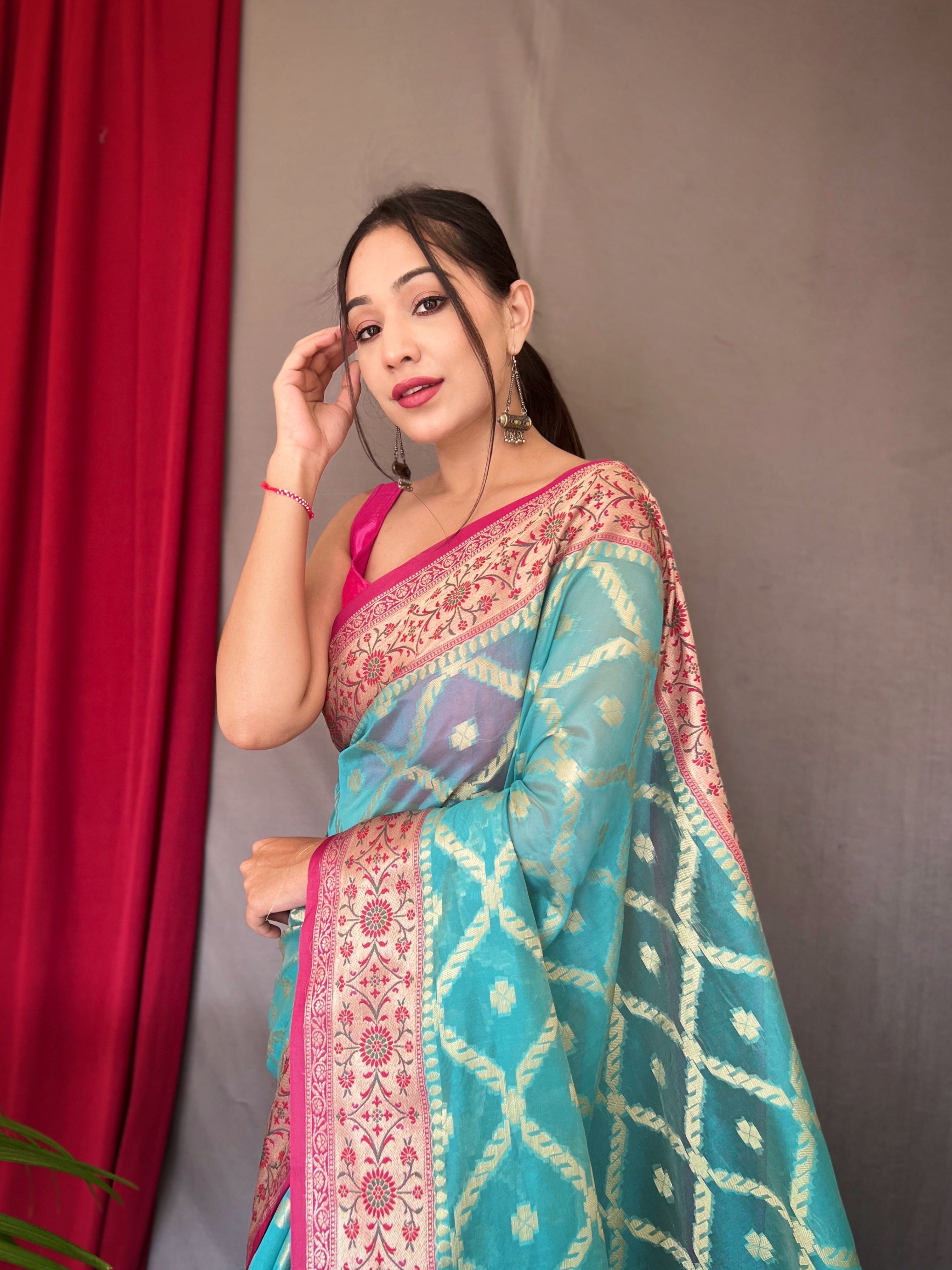 Sky Blue Saree in Banarasi Organza Silk Woven Clothsvilla