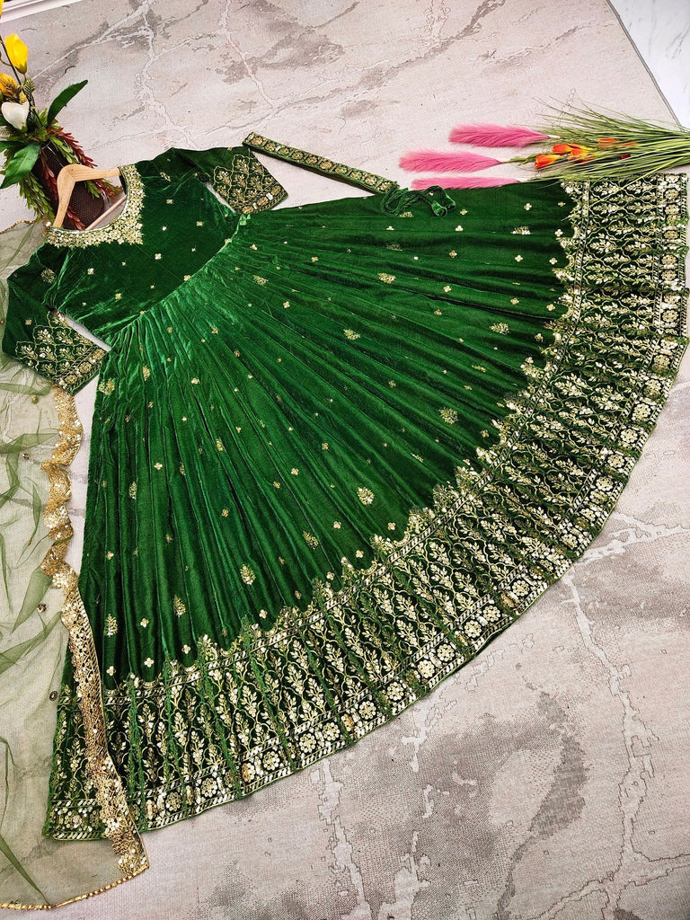 Adorable Mehndi Color Sequence Work Velvet Gown Clothsvilla