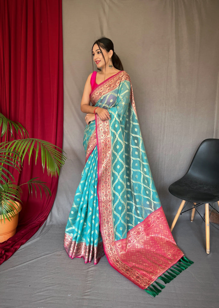 Sky Blue Saree in Banarasi Organza Silk Woven Clothsvilla