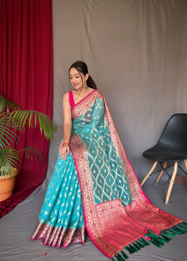 Sky Blue Saree in Banarasi Organza Silk Woven Clothsvilla