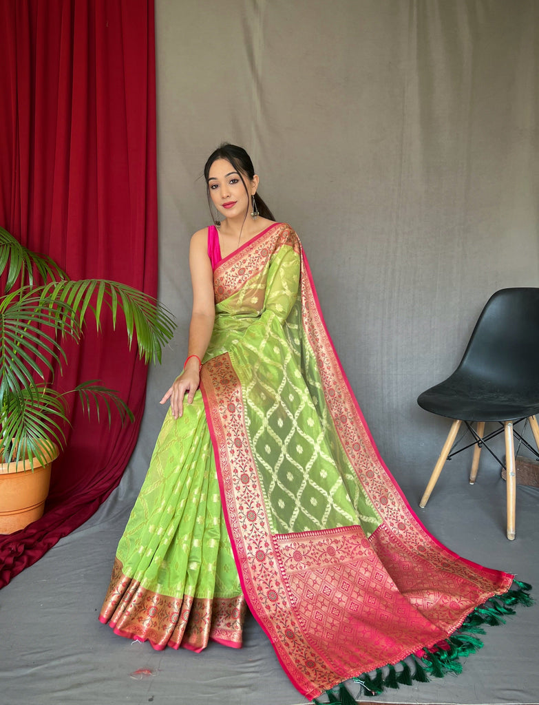 Parrot Green Saree in Banarasi Organza Silk Woven Clothsvilla