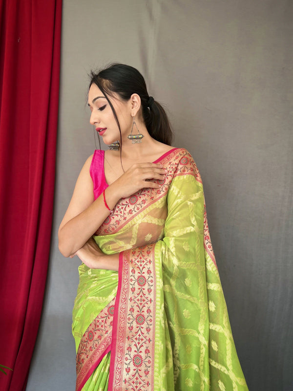 Parrot Green Saree in Banarasi Organza Silk Woven Clothsvilla