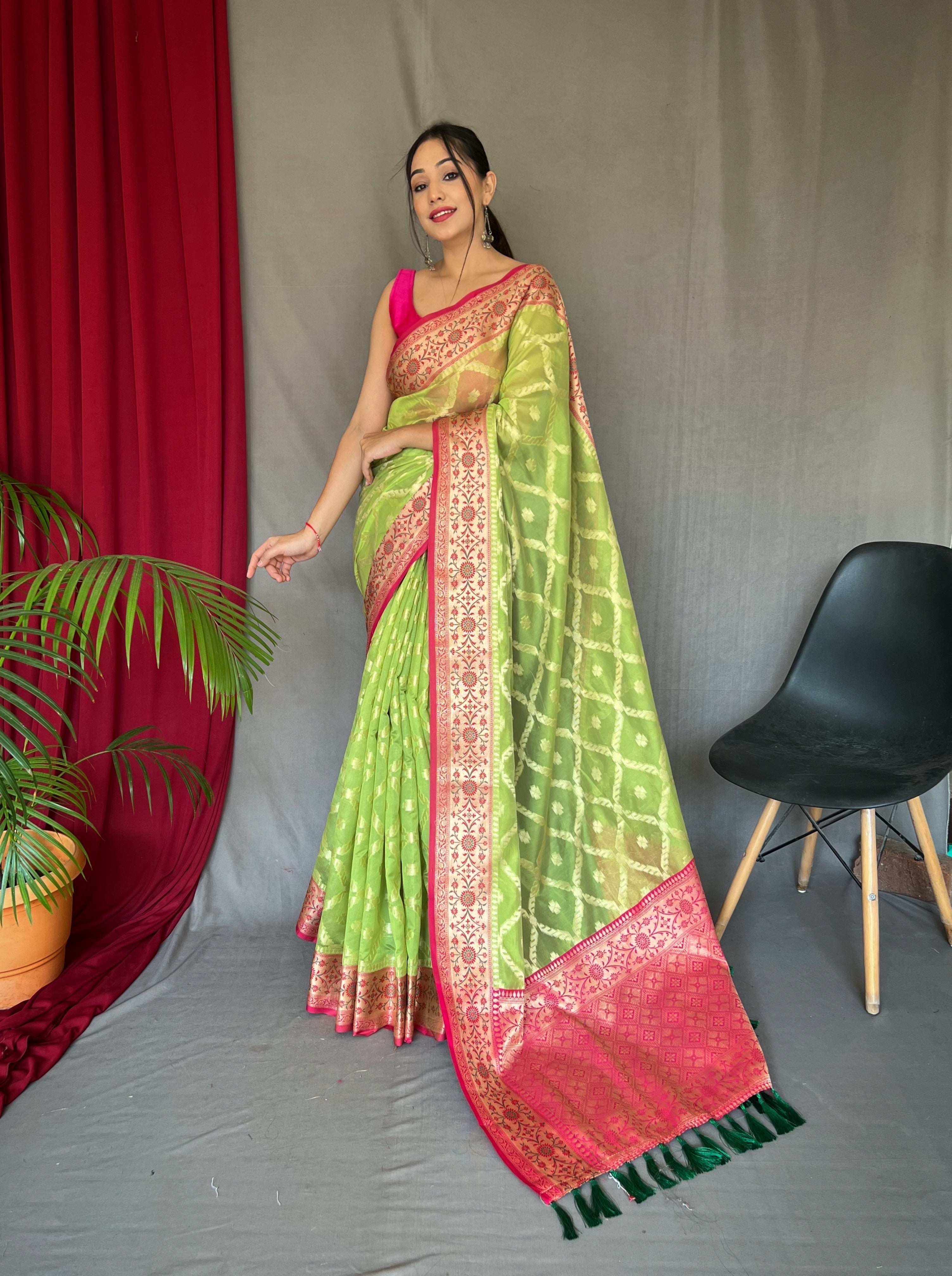 Parrot Green Saree in Banarasi Organza Silk Woven Clothsvilla