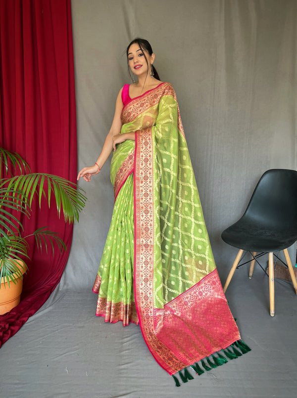 Parrot Green Saree in Banarasi Organza Silk Woven Clothsvilla
