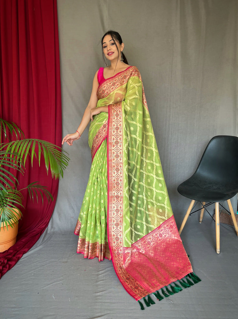 Kanchipuram silk light parrot green saree with blouse, - Handlooms - Sarees  - Kanchipuram Sarees