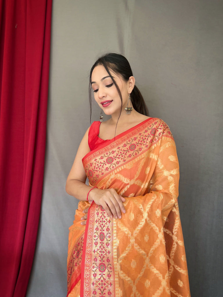 Pastel Orange Saree in Banarasi Organza Silk Woven Clothsvilla