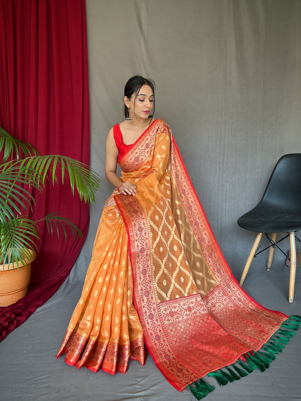 Pastel Orange Saree in Banarasi Organza Silk Woven Clothsvilla