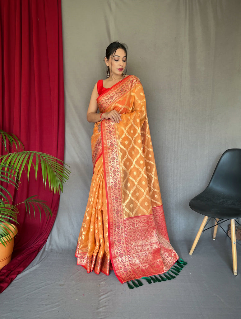 Pastel Orange Saree in Banarasi Organza Silk Woven Clothsvilla