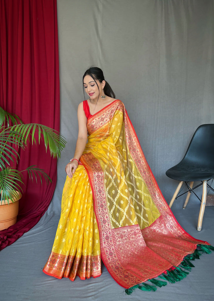 Yellow Saree in Banarasi Organza Silk Woven Clothsvilla