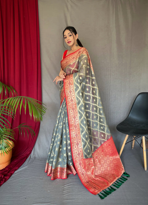 Grey Saree in Banarasi Organza Silk Woven Clothsvilla Main image