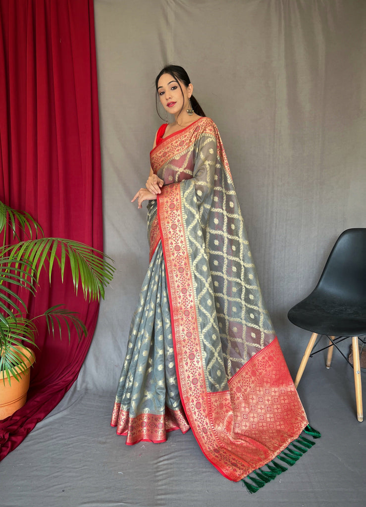 Grey Saree in Banarasi Organza Silk Woven Clothsvilla