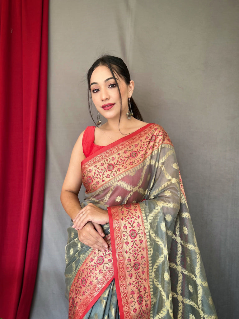 Grey Saree in Banarasi Organza Silk Woven Clothsvilla