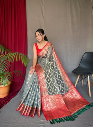 Grey Saree in Banarasi Organza Silk Woven Clothsvilla