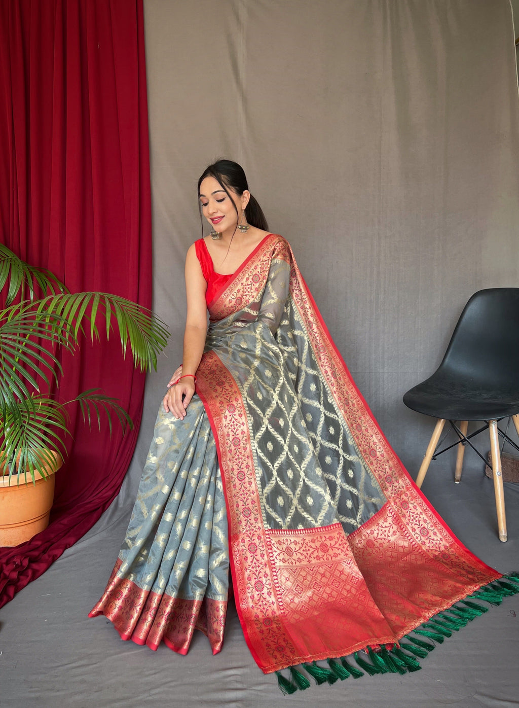 Grey Saree in Banarasi Organza Silk Woven Clothsvilla