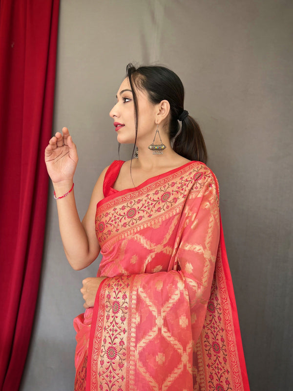 Pastel Peachy Pink Saree in Banarasi Organza Silk Woven Clothsvilla