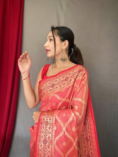 Pastel Peachy Pink Saree in Banarasi Organza Silk Woven Clothsvilla