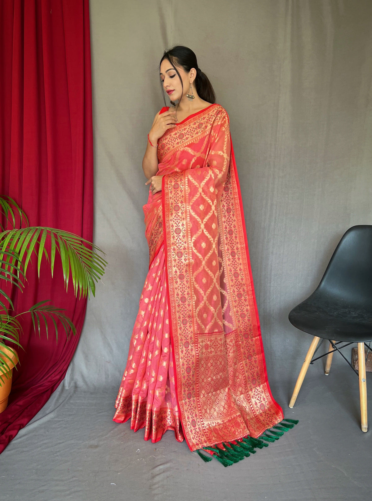 Pastel Peachy Pink Saree in Banarasi Organza Silk Woven Clothsvilla Main image
