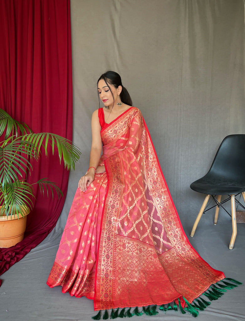 Pastel Peachy Pink Saree in Banarasi Organza Silk Woven Clothsvilla