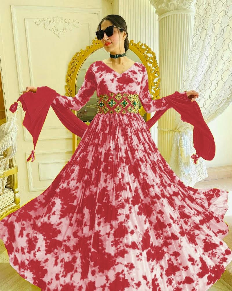 Digital Printed Red Color Georgette Gown With Belt Clothsvilla Main image