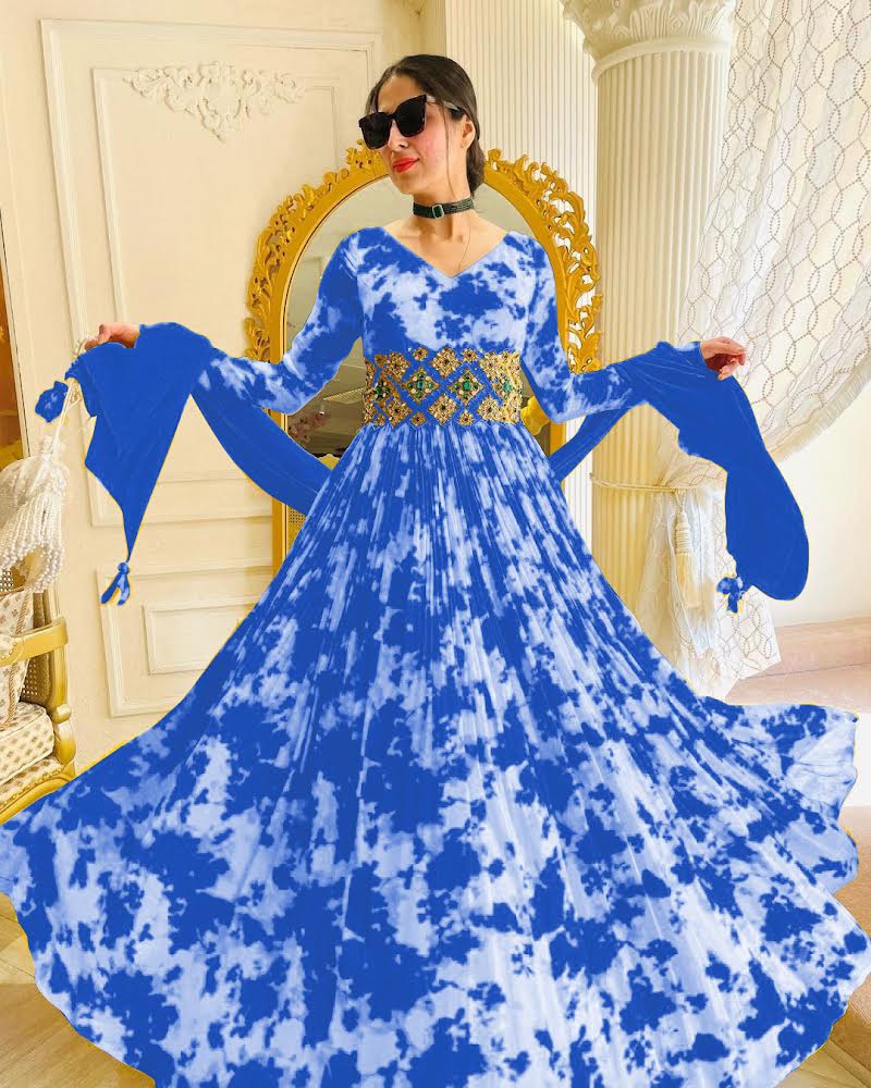 Digital Printed Blue Color Georgette Gown With Belt Clothsvilla