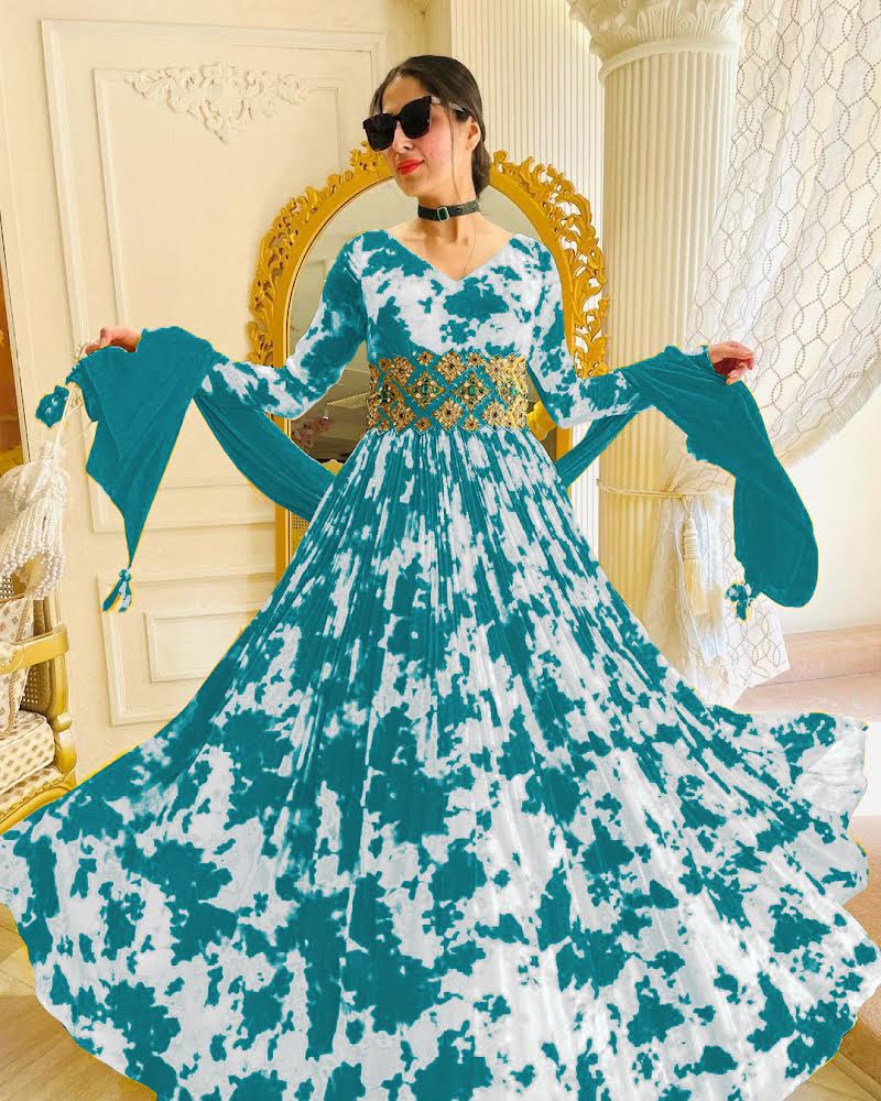 Digital Printed Green Color Georgette Gown With Belt Clothsvilla