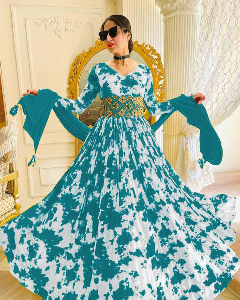 Digital Printed Green Color Georgette Gown With Belt Clothsvilla Main image