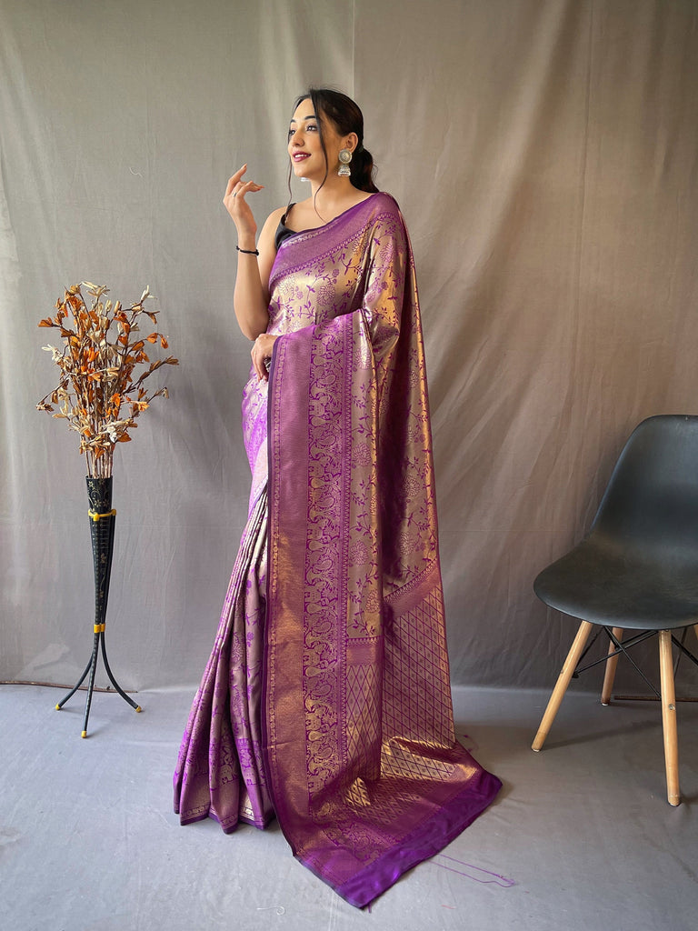 Kanjeevaram Silk Self Jaal Woven Saree Purple Jam Clothsvilla