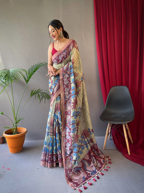 Kalanandi Cotton Kalamkari Printed Saree Light Green Clothsvilla Main image