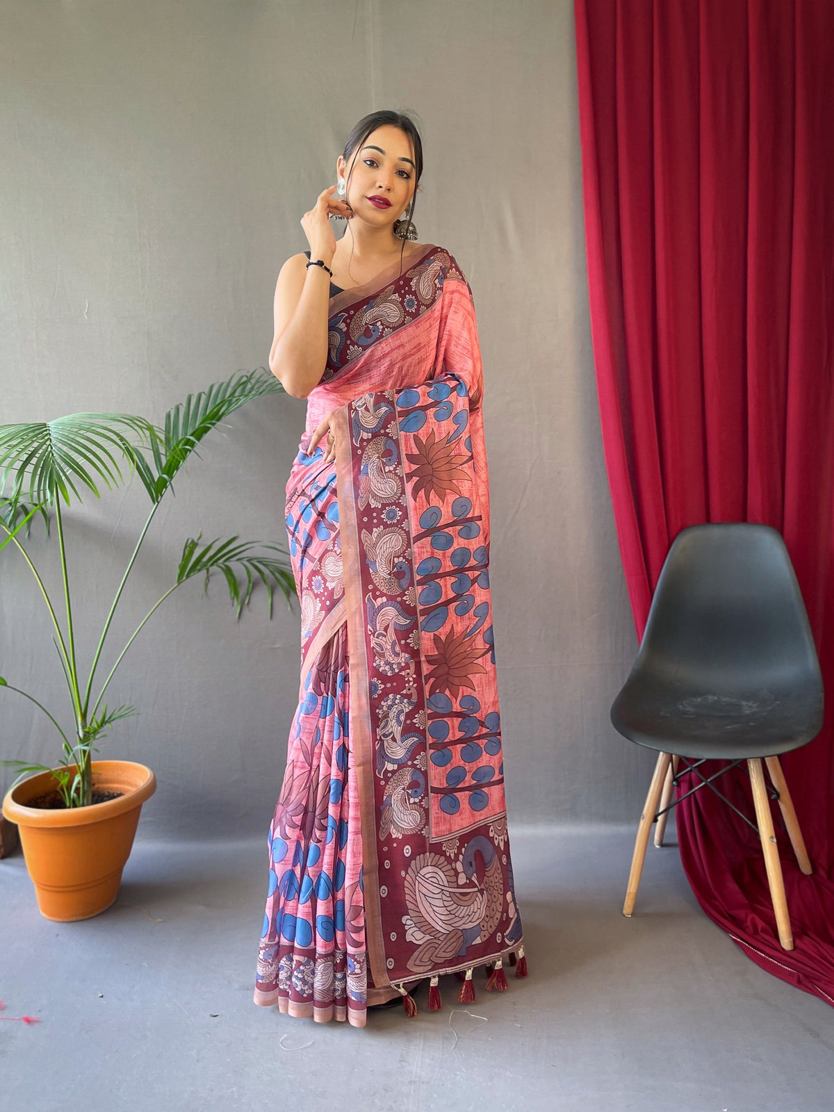 Kalanandi Cotton Kalamkari Printed Saree Pink Clothsvilla Main image