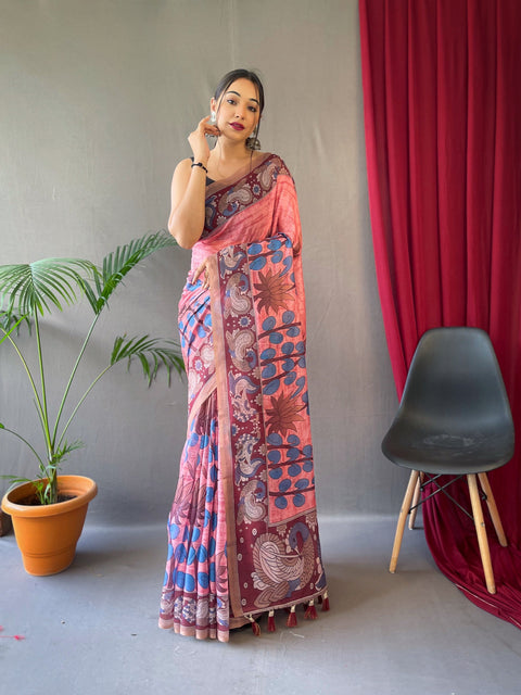 Kalanandi Cotton Kalamkari Printed Saree Pink Clothsvilla Main image