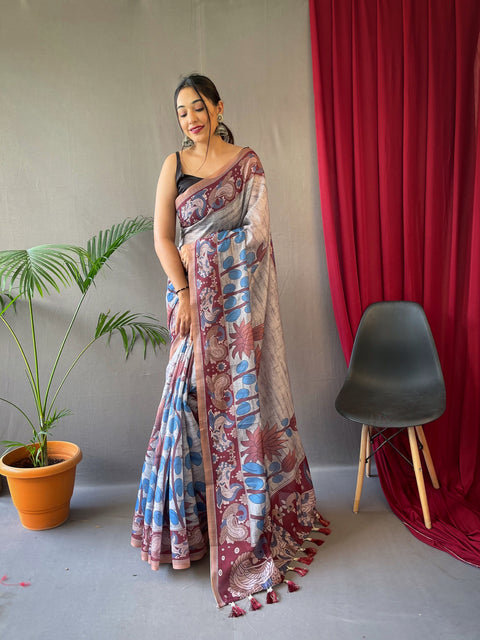 Kalanandi Cotton Kalamkari Printed Saree Grey Clothsvilla Main image