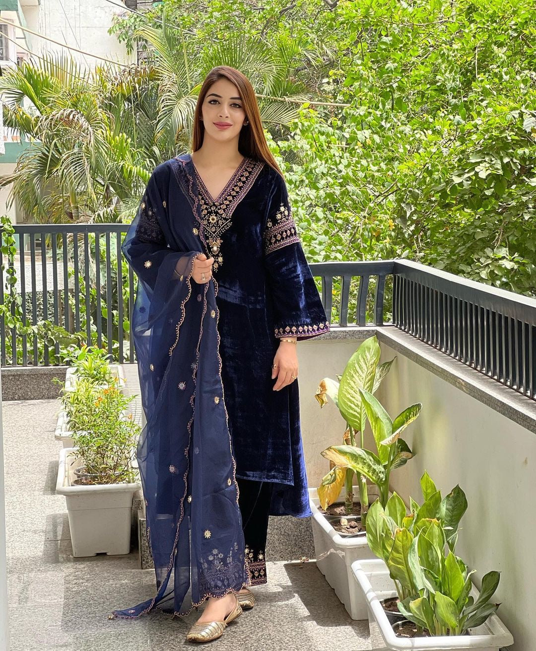 Navy Blue Color Embroidery Work Velvet Palazzo Suit Clothsvilla
