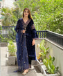 Load image into Gallery viewer, Navy Blue Color Embroidery Work Velvet Palazzo Suit Clothsvilla