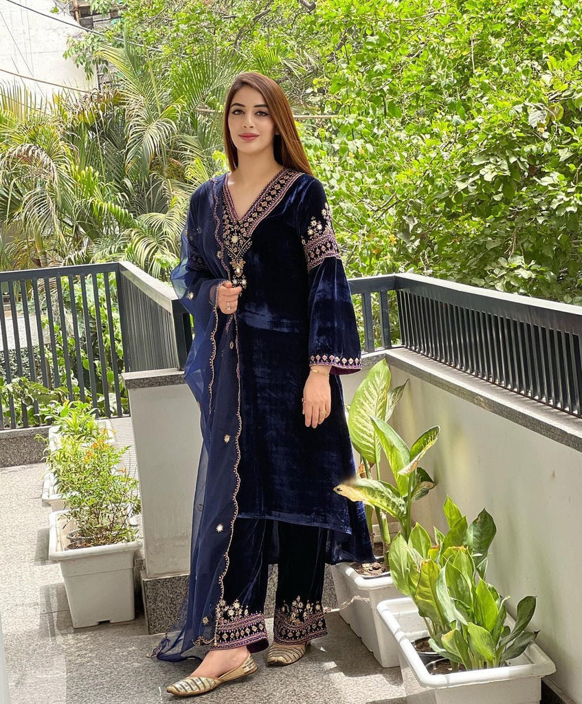 Navy Blue Color Embroidery Work Velvet Palazzo Suit - Cloths