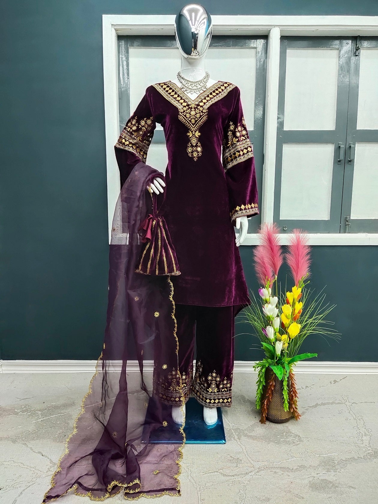 Wine Color Embroidery Work Velvet Plazzo Suit Clothsvilla