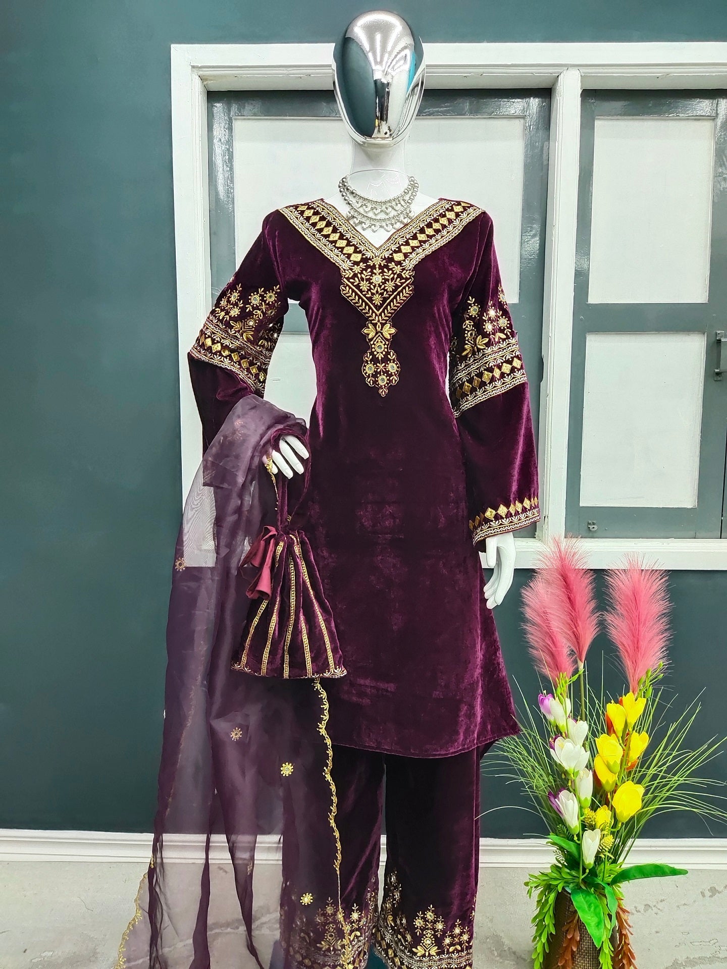 Wine Color Embroidery Work Velvet Plazzo Suit Clothsvilla