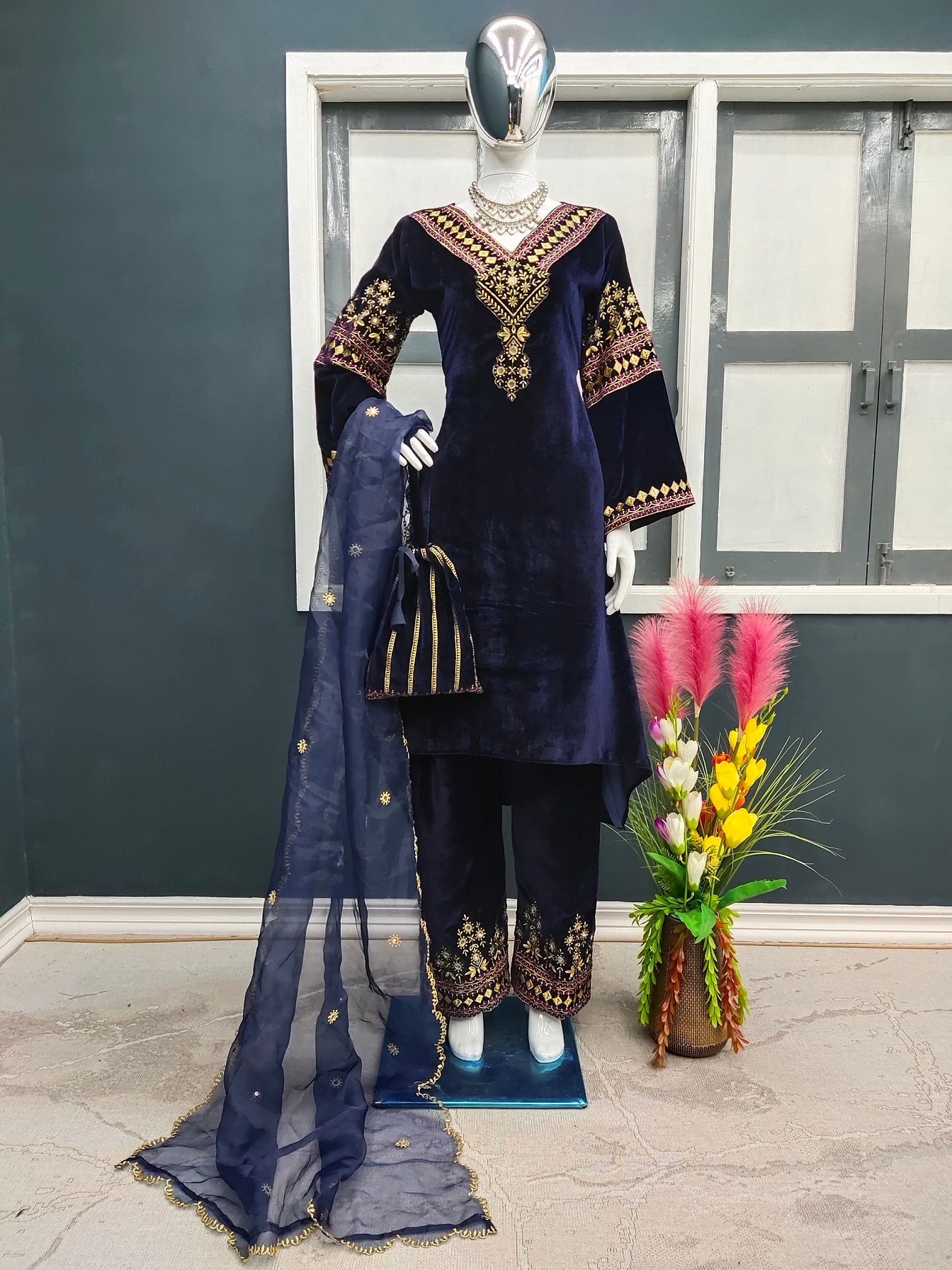 Navy Blue Color Embroidery Work Velvet Palazzo Suit Clothsvilla