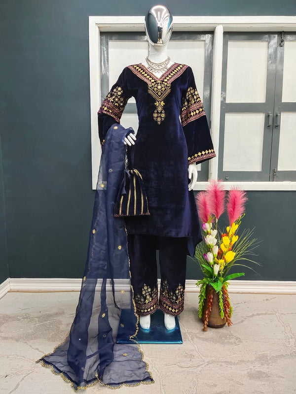 Navy Blue Color Embroidery Work Velvet Palazzo Suit Clothsvilla