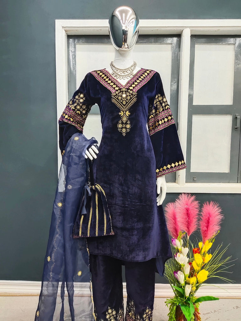 Navy Blue Color Embroidery Work Velvet Palazzo Suit Clothsvilla
